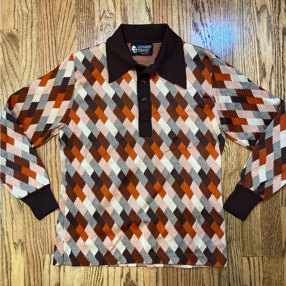 Leonardo Strassi Vintage 70s Mod Geometric Italian Knit Shirt Pullover Retro - Picture 4 of 11